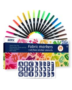 QBIX Permanente Textielstiften set - 26 kleuren incl. 48 klevende stencils
